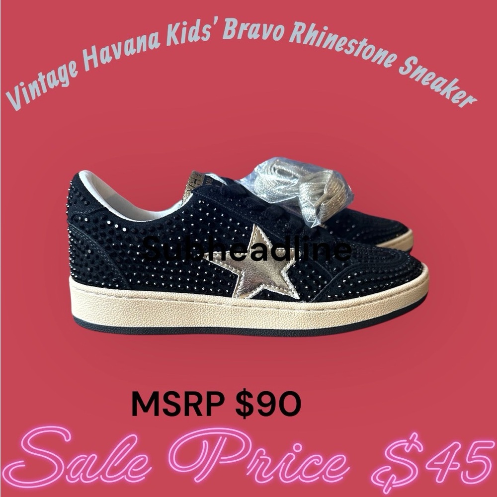 NIB Vintage Havana Kids Bravo Black Rhinestone Sneakers Star Youth Size 4